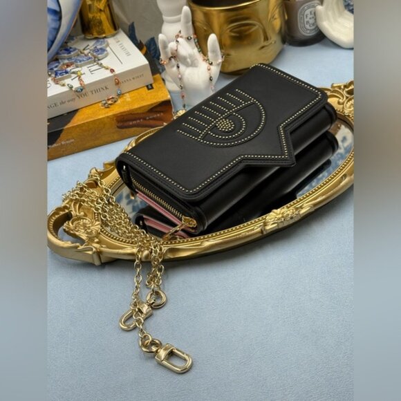 🆕 CHIARA FERRAGNI 🧿 NIB Studded Eyelike Motif Wallet on Chain Link - Black - Picture 14 of 15